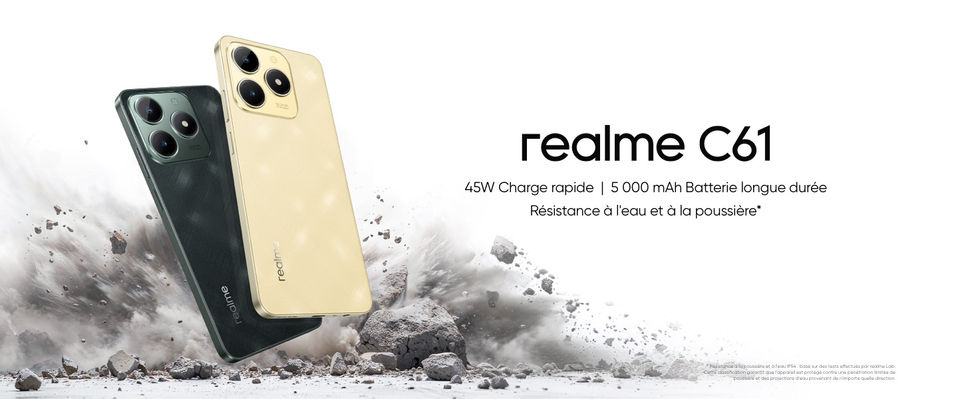 Le Realme C61 4G Écran 6.74"HD+90Hz 6GoRAM+128GoROM CPU UNISOC Tiger T612 8 cœurs 2 HP stéréo caméra arrière de 50MP selfie de 5MP 5000MAh de batterie 15W Wi-Fi 2.4GHz / 5GHz BT 5.0    