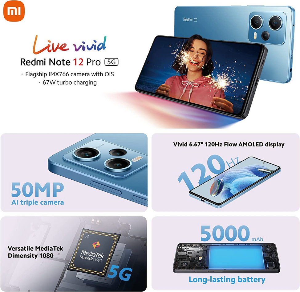 Le Redmi Note 12 Pro 5G Écran 6.77"AMOLED 120Hz 8GoRAM+256GoROM batterie 5000MAh 67W Triple cam 50MP