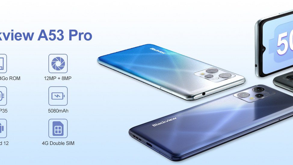Le Blackview A53Pro 4G Android 12 7GoRAM+64GoROM12MP+8MP Cam batterie 5080MAh10W Écran 6.52 HD+