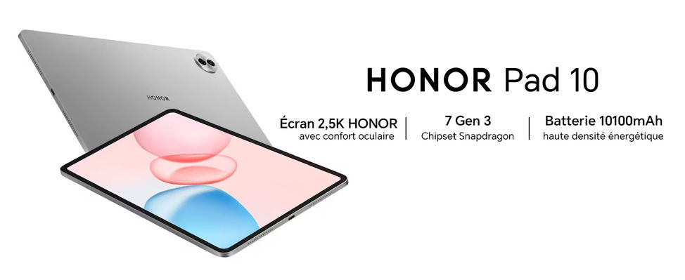 La HONOR Pad 10 Tablette WiFi 8GoRAM+256GoROM CPU Snapdragon 7Gen3 6 Haut-parleurs Batterie 10100mAh Écran 2.5K 12.1"120Hz 6 Altoparlanti Métal Body Google Service Android 15
