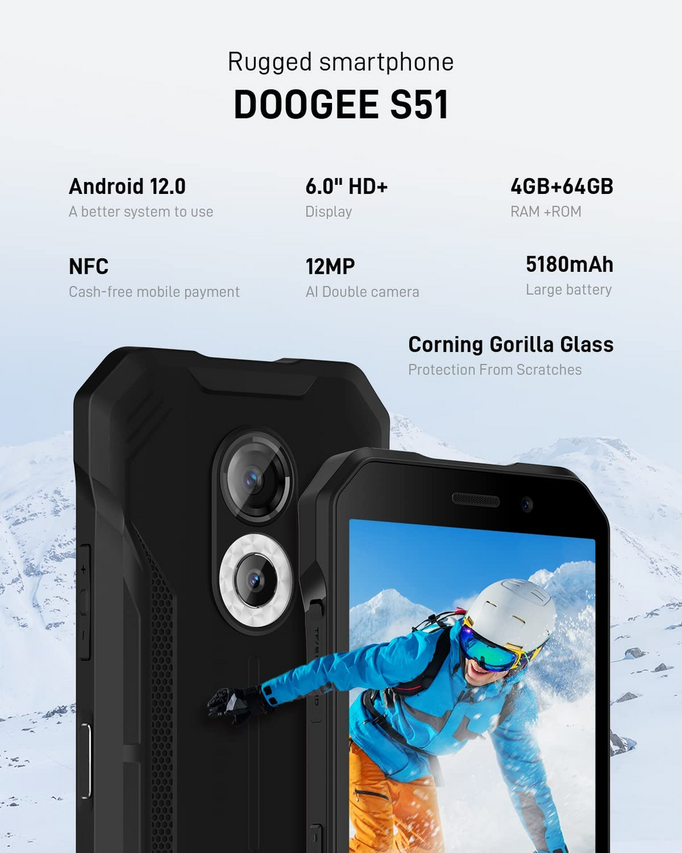 Le DOOGEE S51 Incassable CPU Octa Core 4GoRAM+64GoROM Android 12, Batterie 5180m Écran 6.0" HD+NFC 