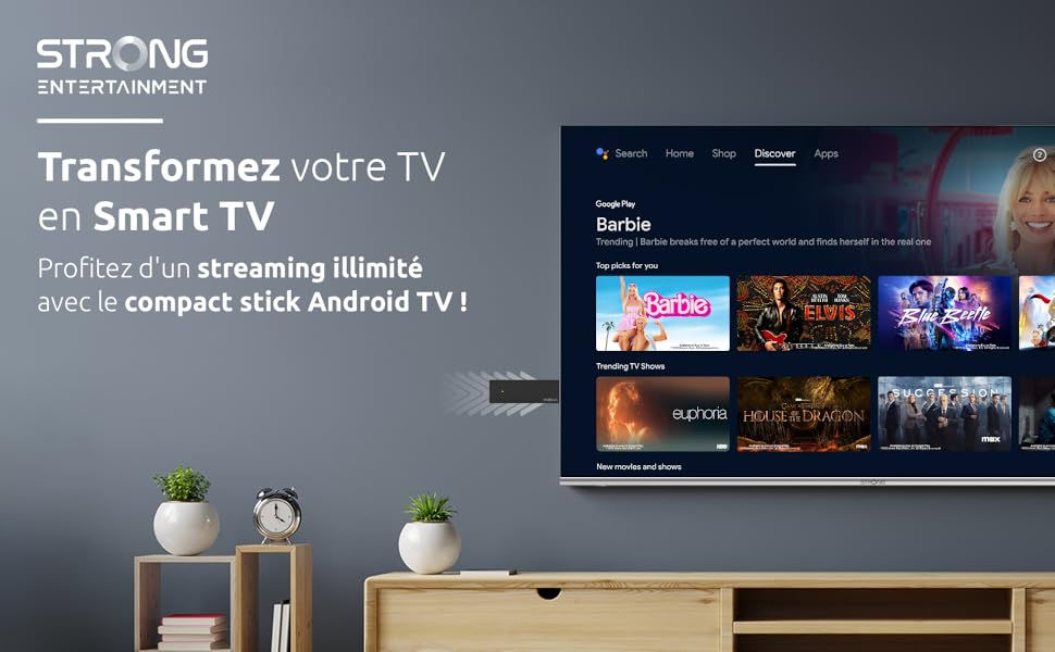 La STRONG Leap-UNA Stick De Streaming Box Android TV Wi-Fi 5 Chromecast Intégré Box TV Android 11 Assistant Google HDR10+ Dolby Audio&Vision Google Play Netflix Youtube CPU 4 Core 1Go RAM BT5.0