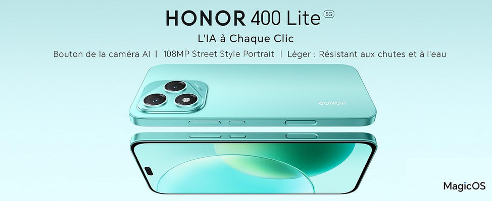 Le HONOR 400 Lite 5G 8GoRAM+256GoROM Dual SIM NFC batterie 5230 mAh 35W caméra108+5mp Selfie 16mp AI Android 15 CPU Dimensity 7025 Écran 6.7"fhd+AMOLED 90Hz IP64&SGS/BT5.3/NFC Wifi 802.11ac