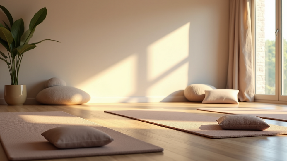 Eye-level view of a peaceful yoga studio with mats and cushions arranged