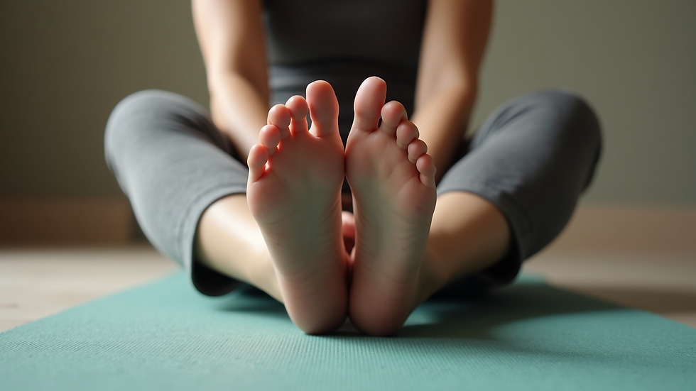 Close-up view of a person’s feet in a seated forward bend yoga pose on a mat