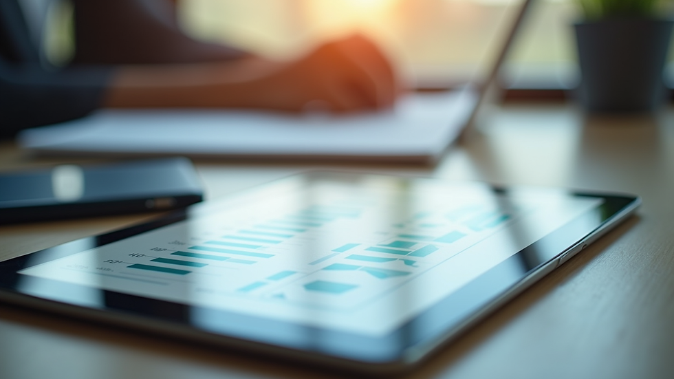 Close-up view of a desk with a tablet showing business analytics