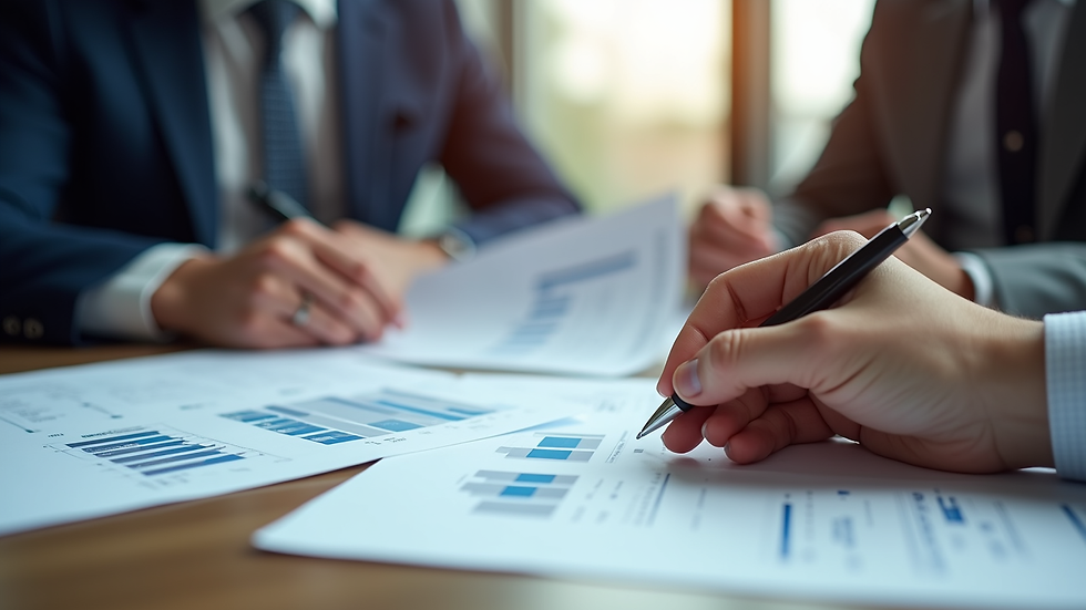 Close-up view of a business owner reviewing financial documents with a consultant