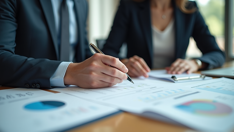 Close-up view of a business consultant reviewing documents with a client