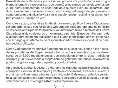 CARTA ABIERTA DEL GOBERNADOR DEL MAGDALENA