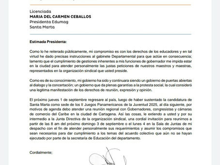 Gobernador Caicedo invita al diálogo a directivos de Edumag para un acuerdo del colectivo laboral