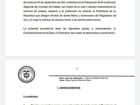 Consejo de Estado reitera improcedencia a tutela con la que pretendían gobernador y alcaldesa ad hoc