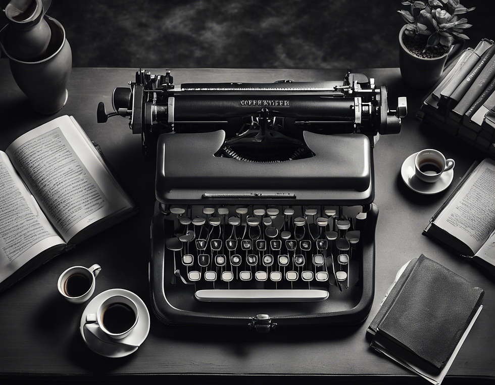 A vintage typewriter sits on a cluttered desk, surrounded by three half-empty coffee mugs, an open book, and a stack of books, capturing the essence of a writer's creative workspace.