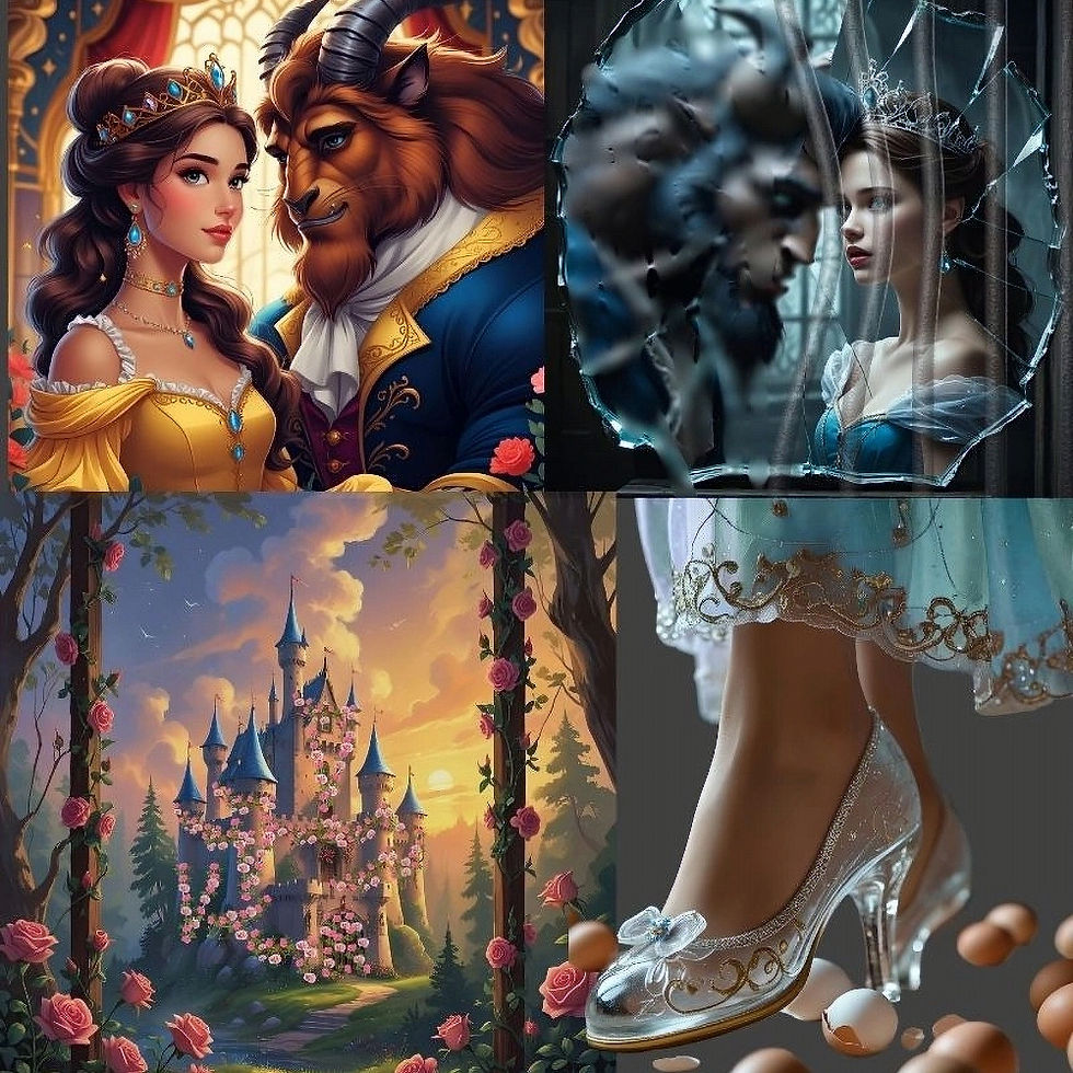 Illustration of fractured fairytales: Beauty and the Beast, Cinderella, and Sleeping Beauty reimagined to expose emotional abuse, gaslighting, and toxic love myths.