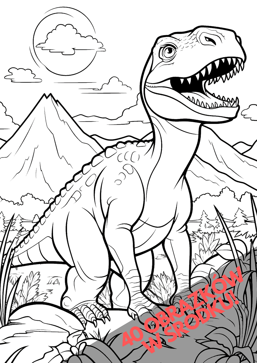 Miniatura: Dinozaur na tle gór, kolorowanka z napisem '40 obrazków w środku!' na ukos. Szczegółowy rysunek na białym tle.
