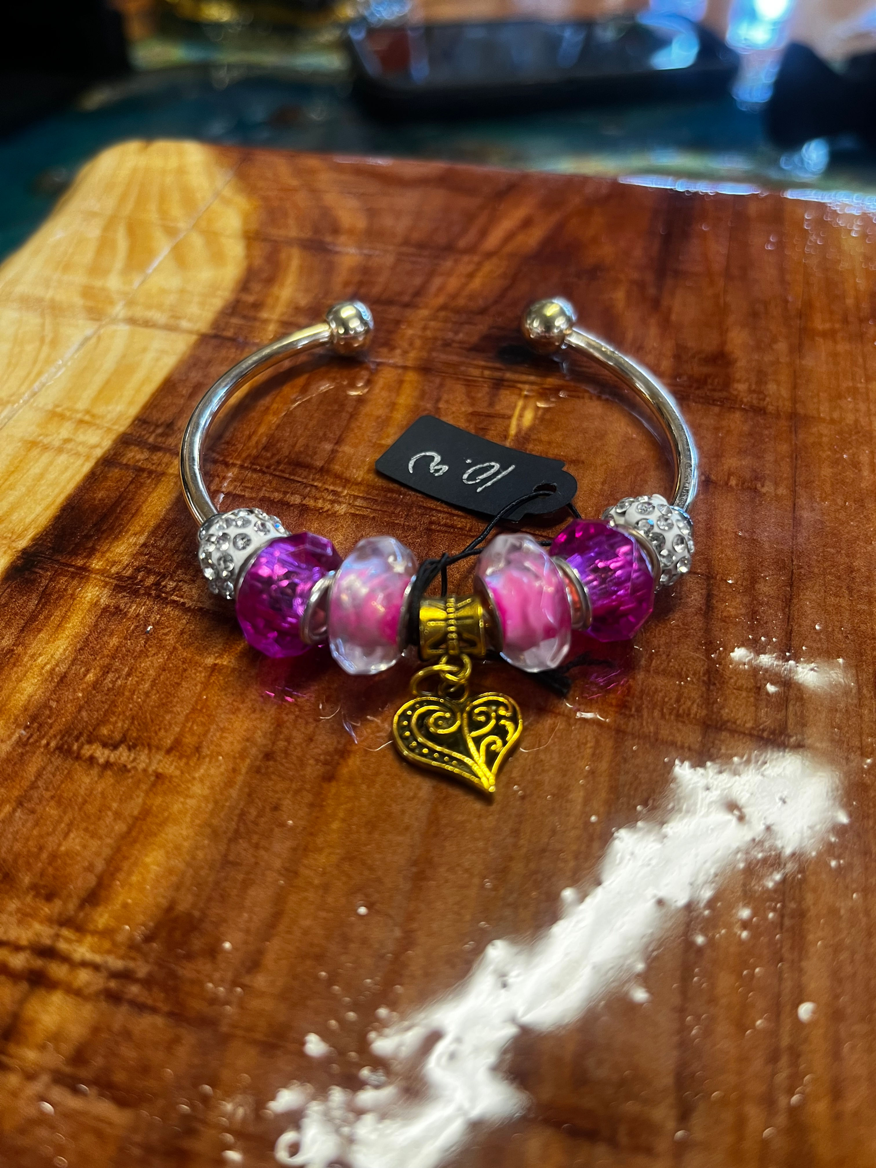 Purple heart glass bead bangle bracelet