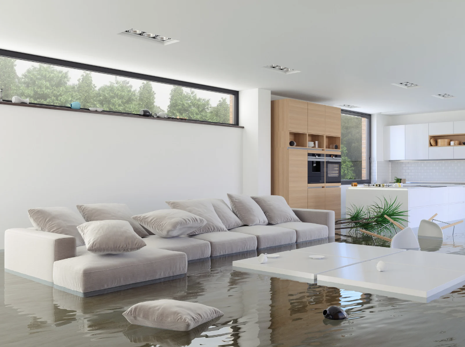 The interior of a flooded home