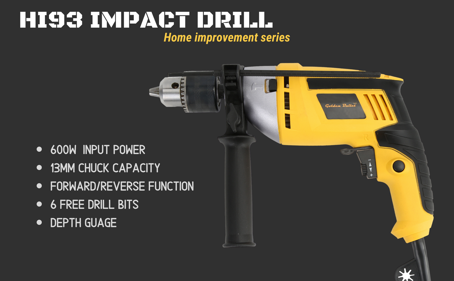 GOLDEN BULLET HI93 - 13MM REVERSIBLE IMPACT DRILL MACHINE WITH VARIABLE SPEED