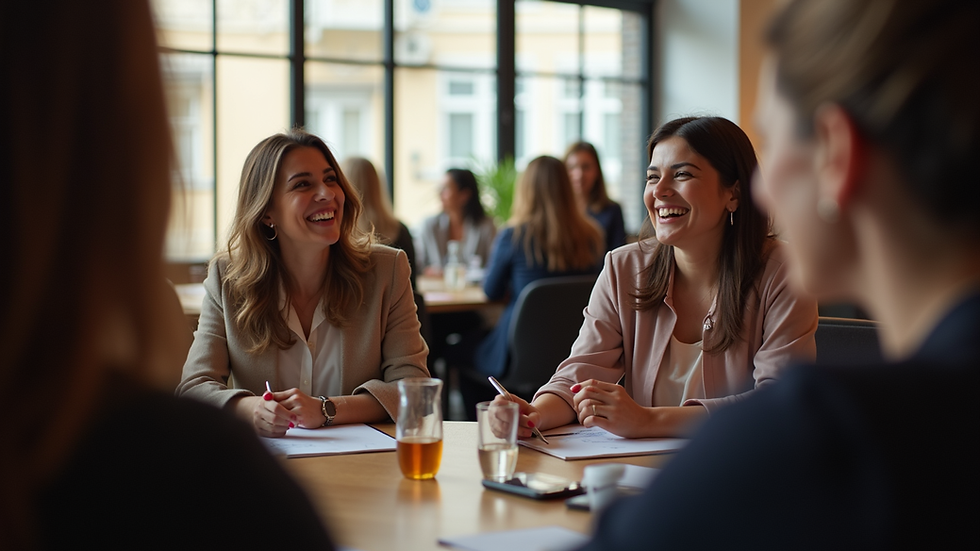 Eye-level view of a networking event with women entrepreneurs exchanging ideas