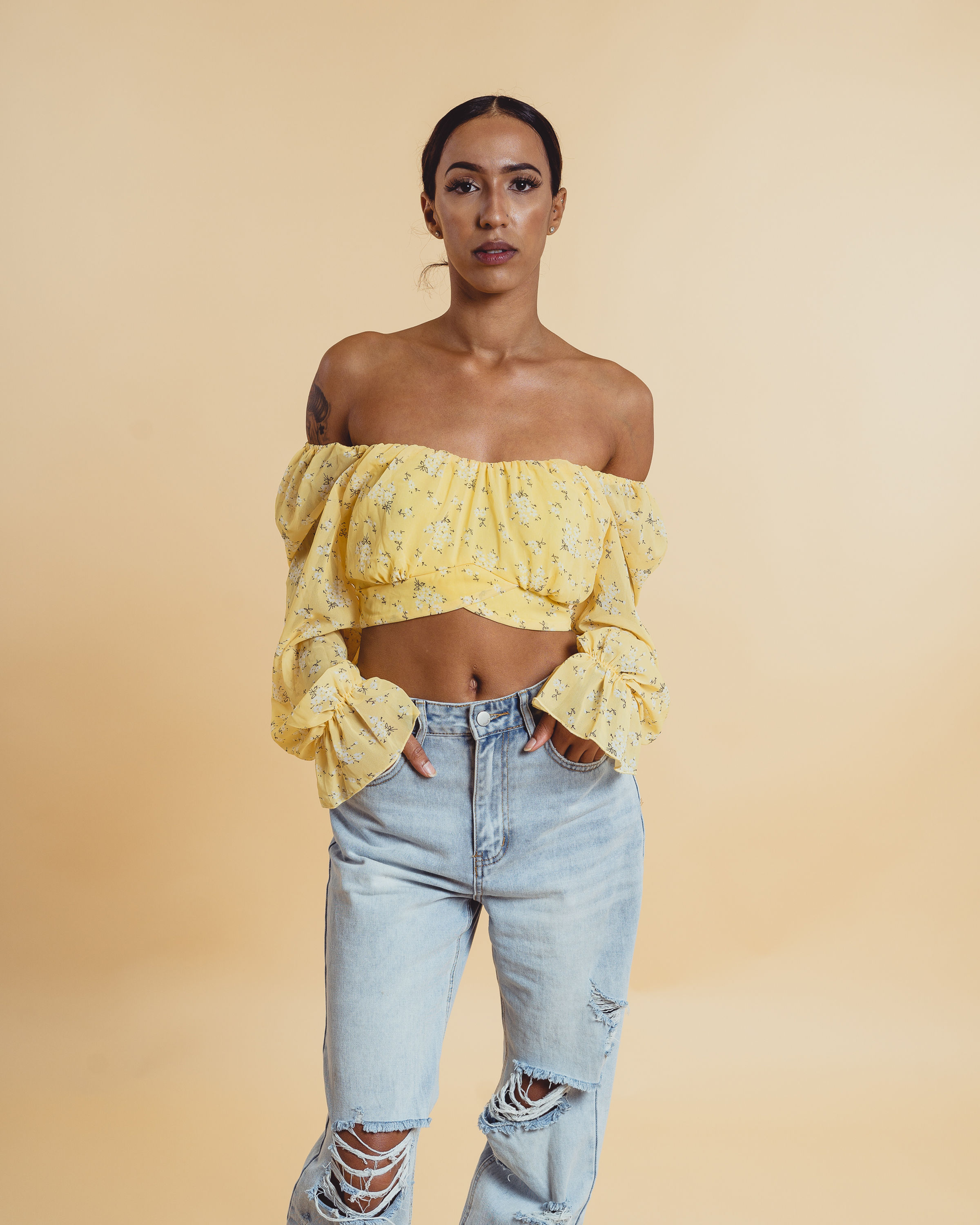Yellow Floral Balloon Sleeve Crop Top