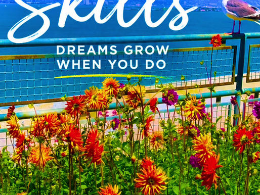 Colorful waterfront garden with blooming flowers, blue water, and a seagull overlooking the bay, symbolizing personal growth, learning new skills, and pursuing dreams in Dream Series Episode 25: Skills.