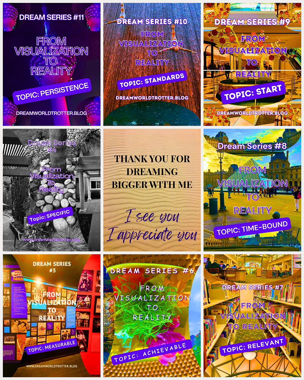 Collage of Dream Series Season 1 episode covers featuring topics on mindset, resilience, self-belief, personal growth, and travel inspiration through Dream Worldtrotter.