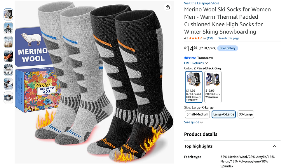 Screenshot of a merino wool sock product listing, showing pairs of thick gray and black socks.