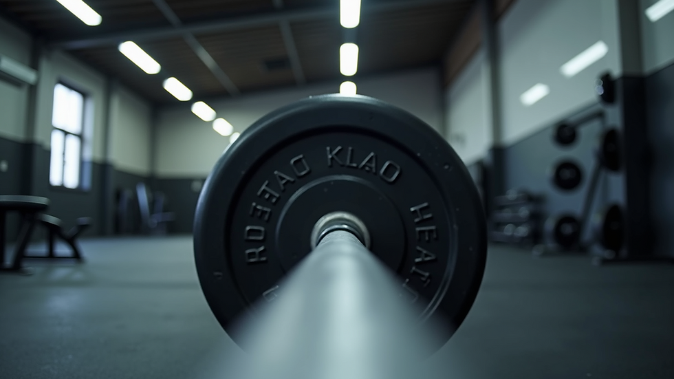 Eye-level view of a loaded barbell on a squat rack in a gym