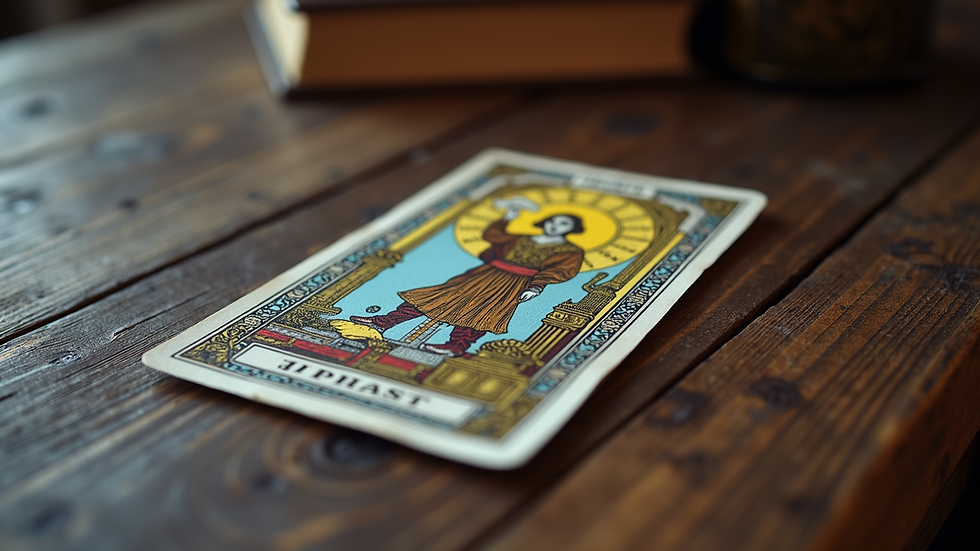 Eye-level view of an ornate tarot card spread on a textured wooden table