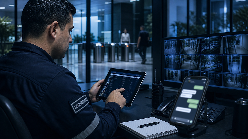 Supervisor de seguridad revisando evidencia operativa en un puesto corporativo.