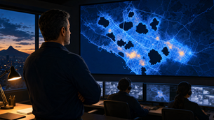 Director de seguridad frente a una pantalla con un mapa de calor predictivo con zonas vacías sin dato.