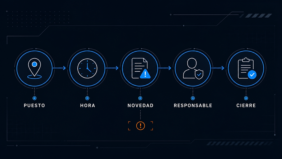Diagrama de registro de campo con puesto, hora, novedad, responsable y cierre.