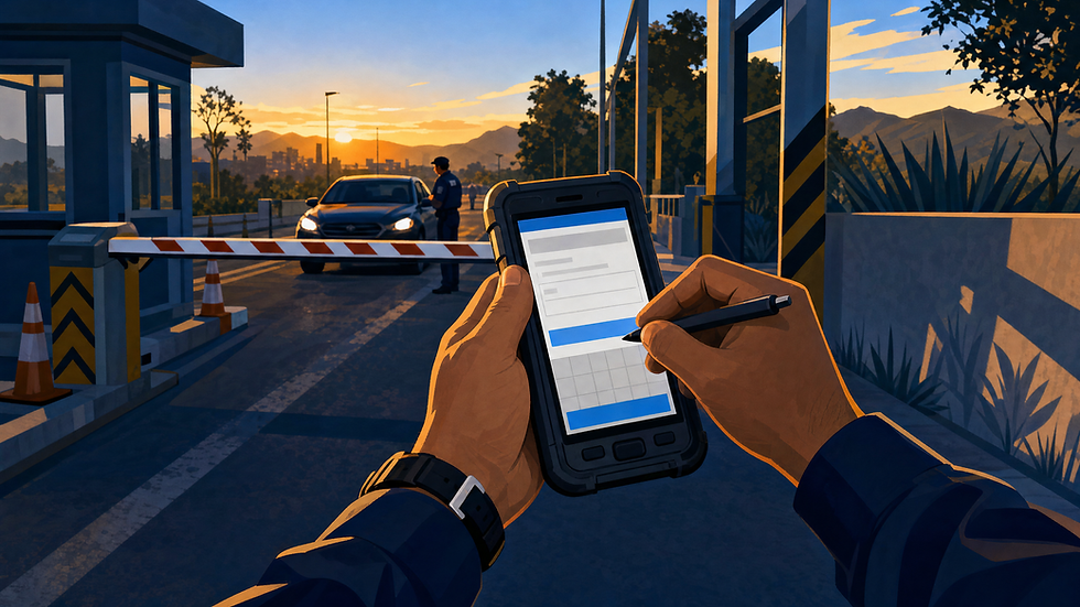 Manos de un guardia registrando un incidente en un dispositivo en un punto de control al atardecer.