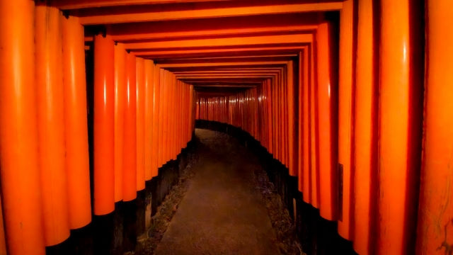 A mesmerizing view of the iconic vermilion torii gates forming a tunnel at Fushimi Inari Taisha, leading visitors through a sacred and serene pathway.