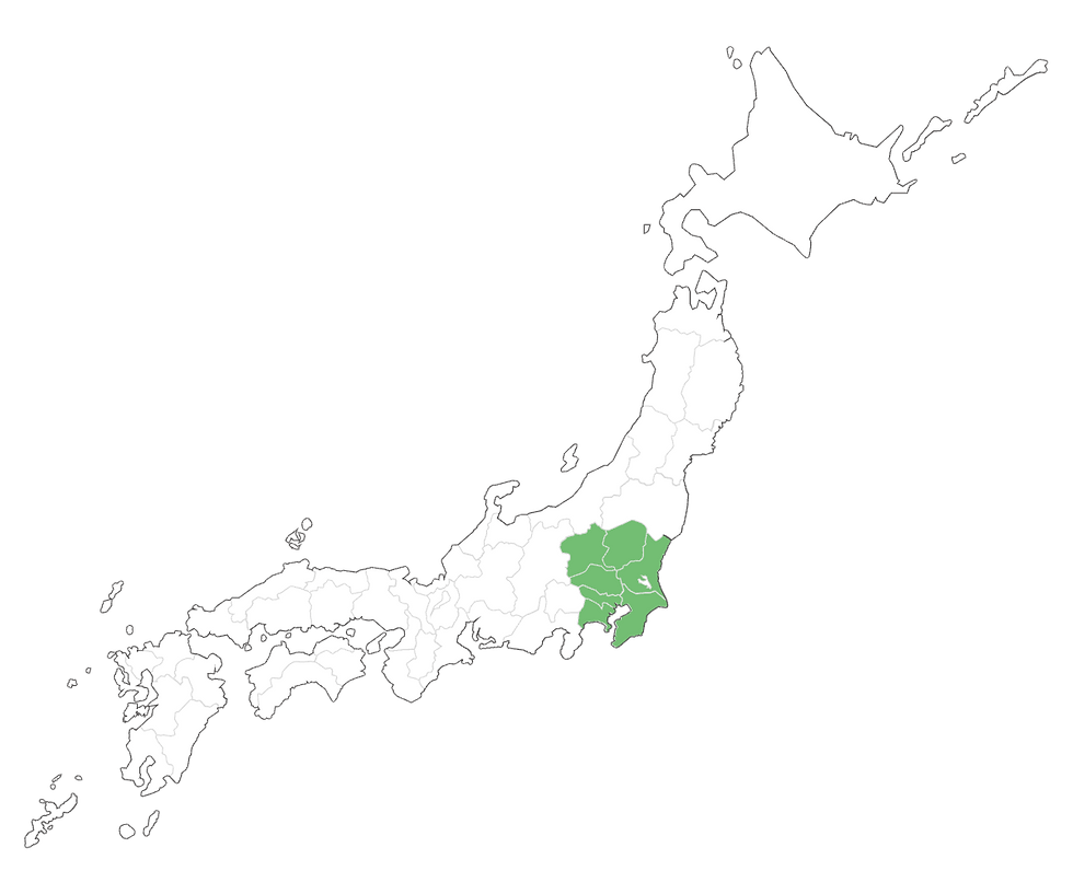 A map outlining the Kanto region in eastern Japan.