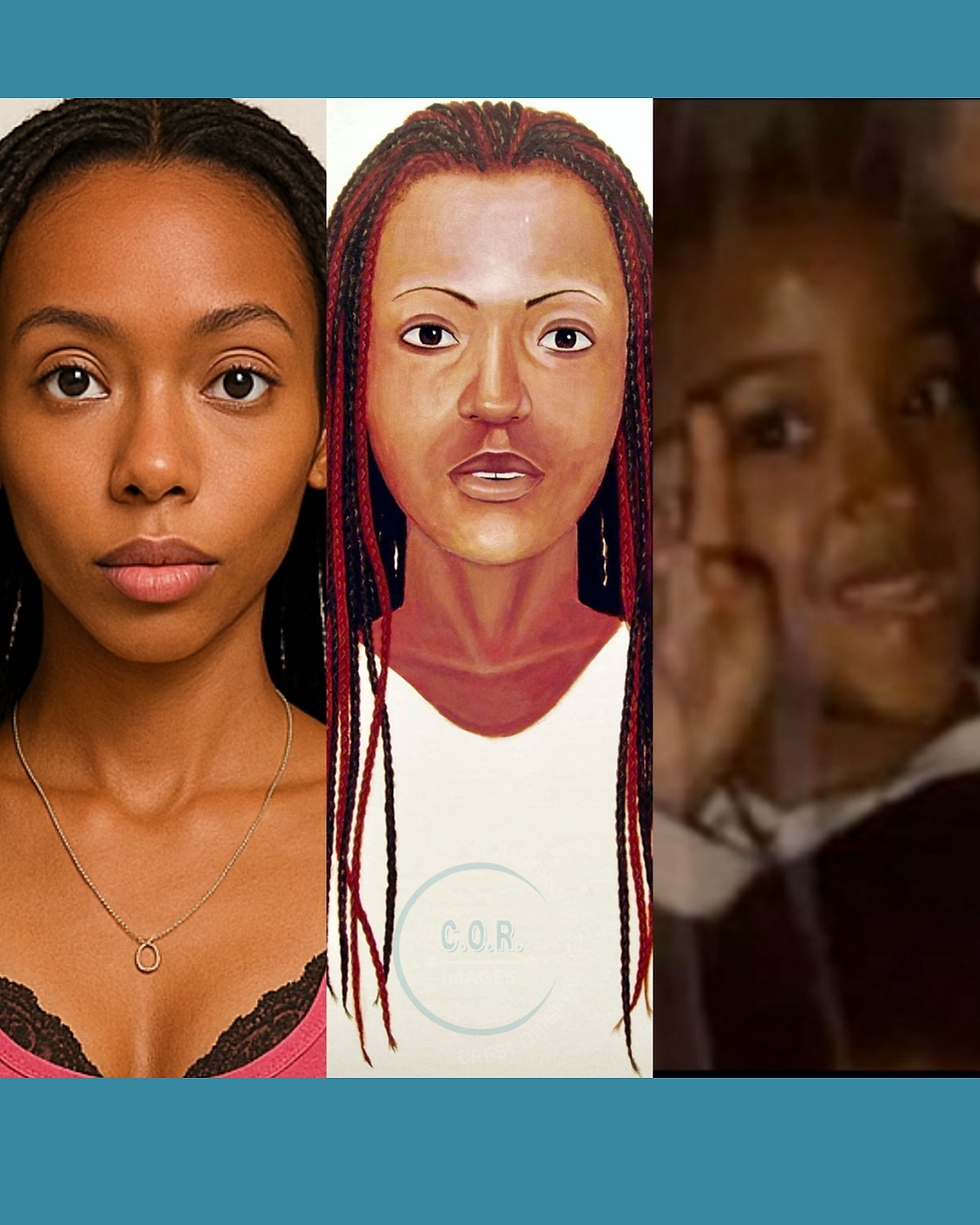 Facial comparison of C.O.R. Image interpretation and composite sketch of Jane Doe as well as a photo of young Nicole