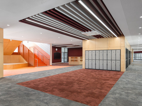 Acoustic ceiling baffles and wall panels installed by BACH Commercial - Open circulation space at Thomas Carr College featuring custom lockers, warm timber finishes, and a standout orange staircase.