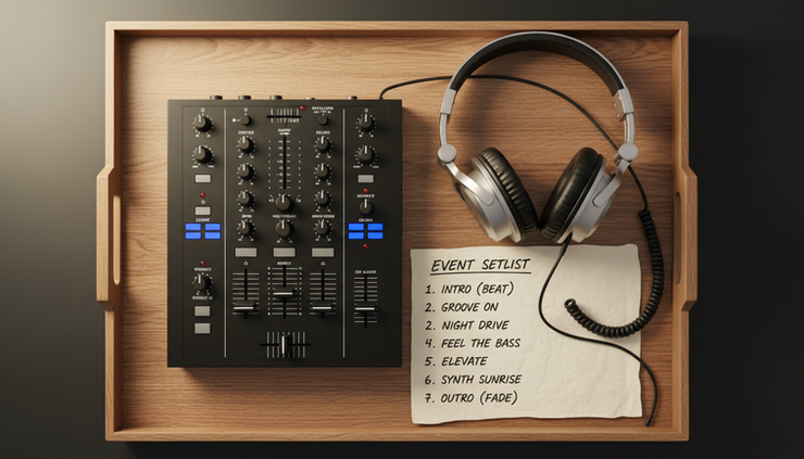 Overhead view of a compact DJ mixer with headphones and a handwritten event setlist