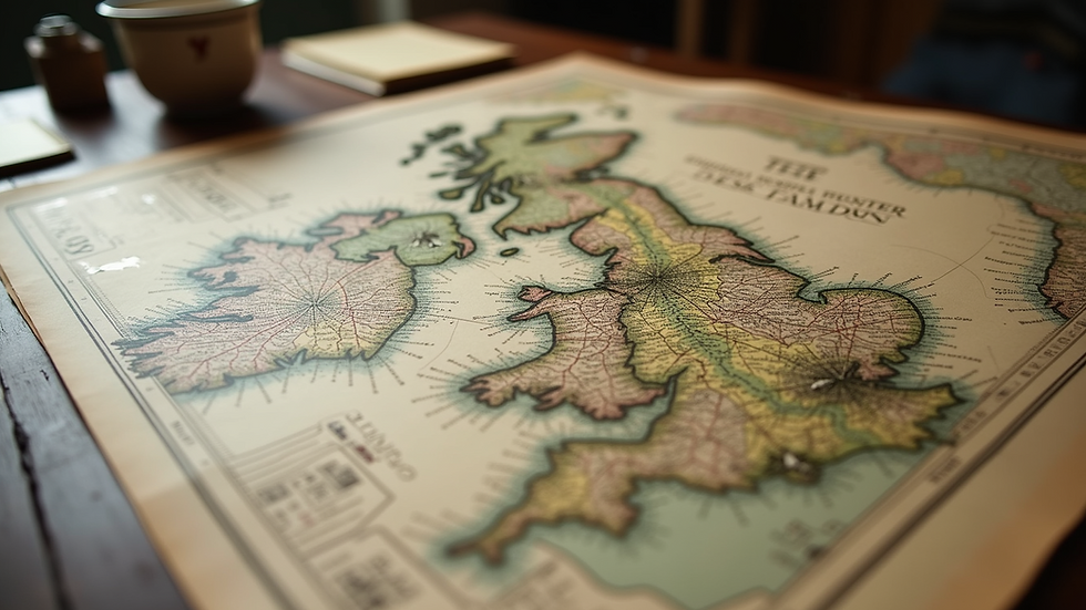 High angle view of old Scottish maps and genealogical charts spread on a table