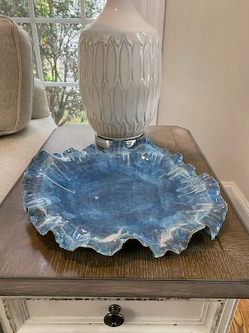 Thumbnail: Beach Theme Ceramic Bowl with Ruffled Edge and Blue Marbled Glaze