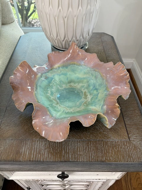 Handbuilt ceramic ruffled bowl in blush pink and seafoam green glaze, organic sculptural stoneware centerpiece