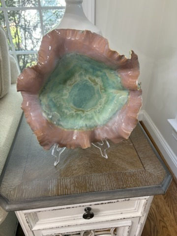 Thumbnail: Handbuilt ceramic ruffled bowl in blush pink and seafoam green glaze, organic sculptural stoneware centerpiece