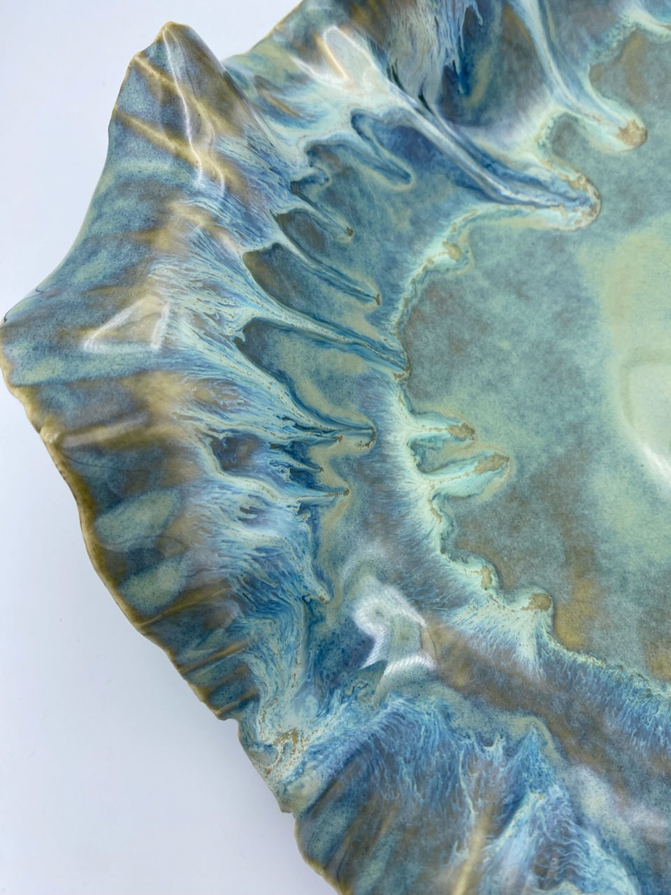 Blue Green Ceramic Centerpiece Bowl with ruffled edges