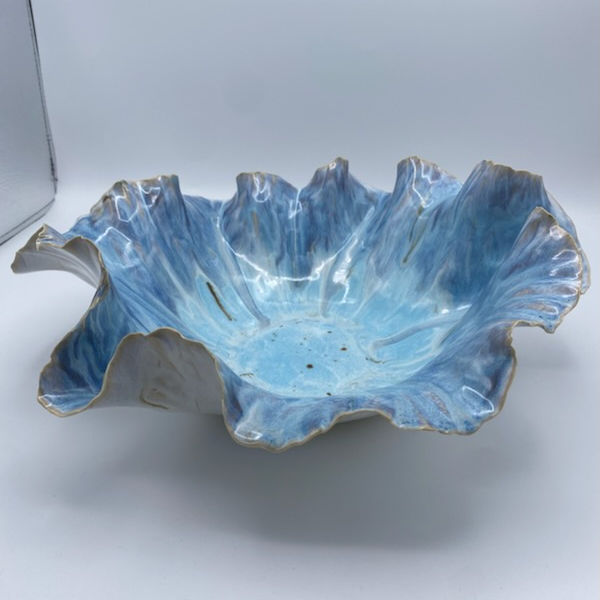 Thumbnail: Ruffle pottery bowl with layered blue glaze and sculptural folded rim, handbuilt ceramic art bowl
