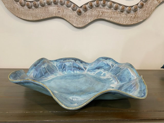 Thumbnail: Handbuilt large tropical ceramic centerpiece bowl in blue and turquoise glaze with organic ruffled form