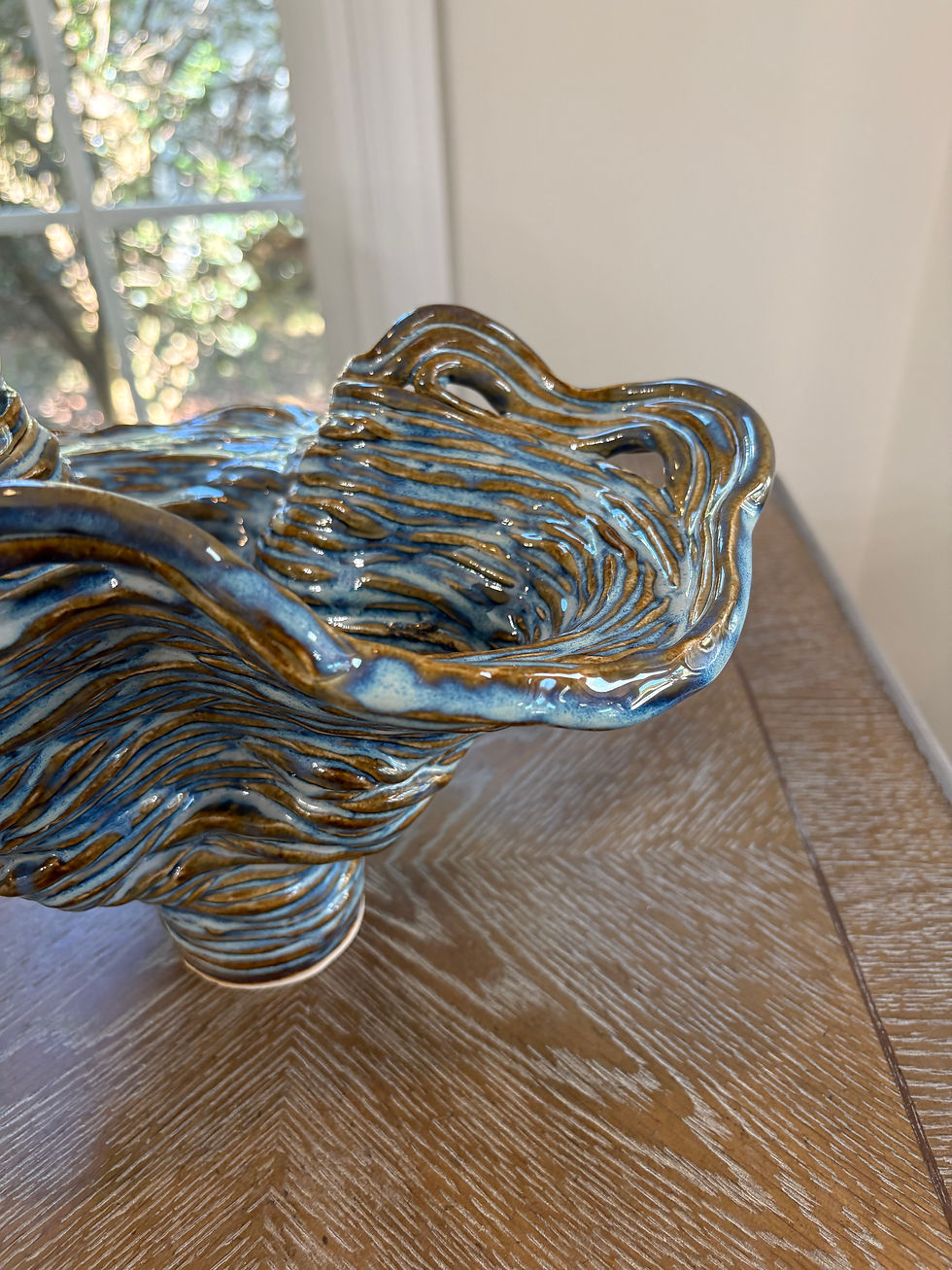 Thumbnail: Handbuilt coil-built ceramic sculptural vessel, blue and amber ruffled edge artwork