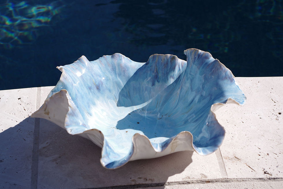 Ruffle pottery bowl with layered blue glaze and sculptural folded rim, handbuilt ceramic art bowl
