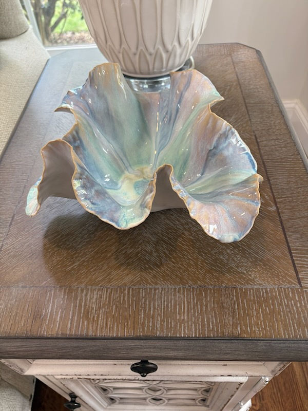 Thumbnail: Wavy sculptural ceramic centerpiece bowl with pearlescent glaze and organic ruffled edges