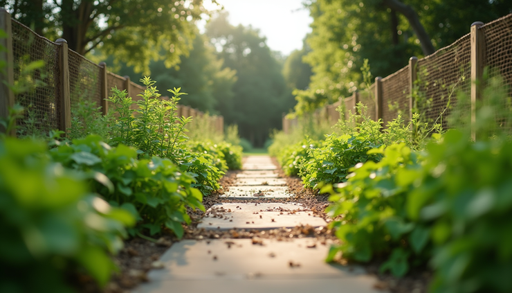 Eye-level view of a serene community garden thriving under sustainable care