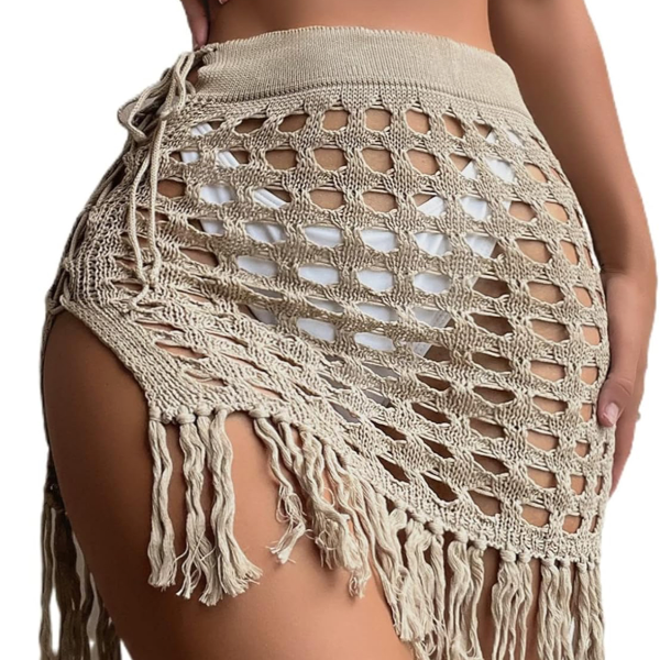 Mesh Tassel Skirt Beach Cover Up Summer Fish Net Swimsuit Wrap Sheer Maxi Sarong Swimwear