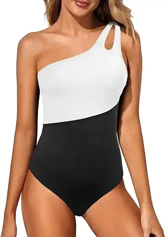 One Shoulder One Piece Swimsuit for Women Tummy Control Bathing Suits Modest Full Coverage Keyhole Swimwear